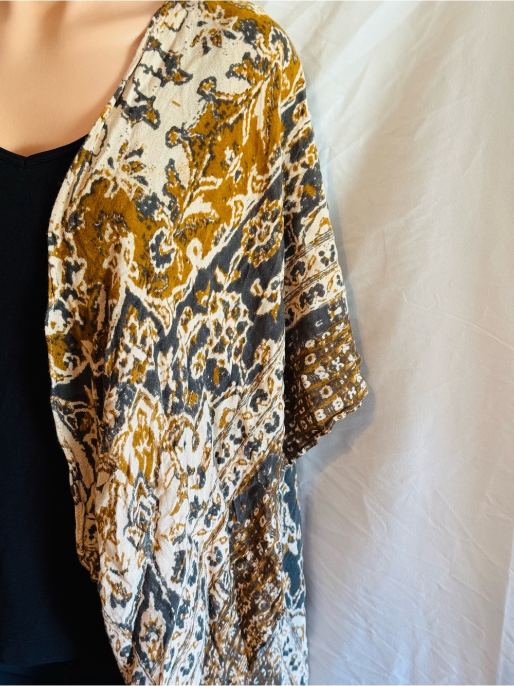 Earthy Boho Patterned Open Front Kimono - Mustard & Brown - Picture 2 of 5